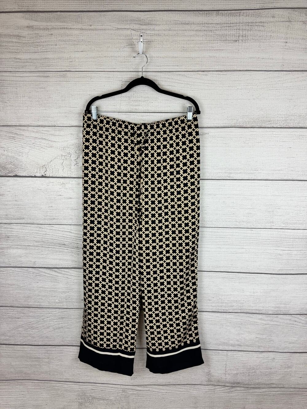 H&M Women's Black Gold Chain Printed Drawstring Satin Pants Size Medium